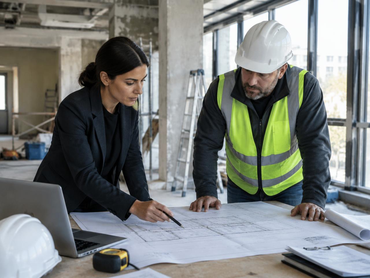 Conducteur de travaux et architecte étudiant des plans